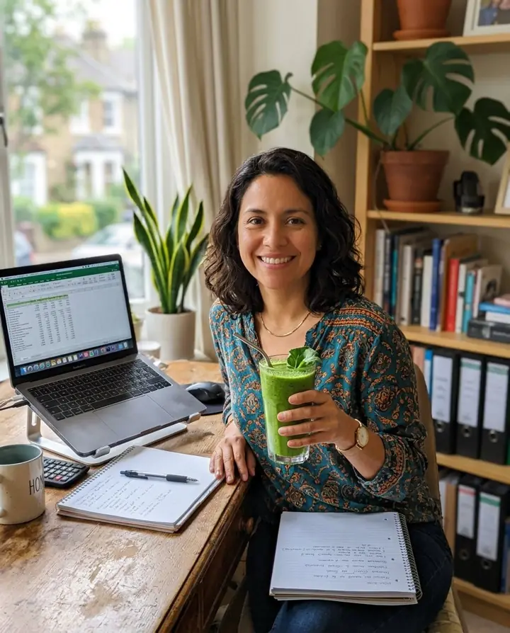 Mujer en su escritorio con un vaso de Activ Greens