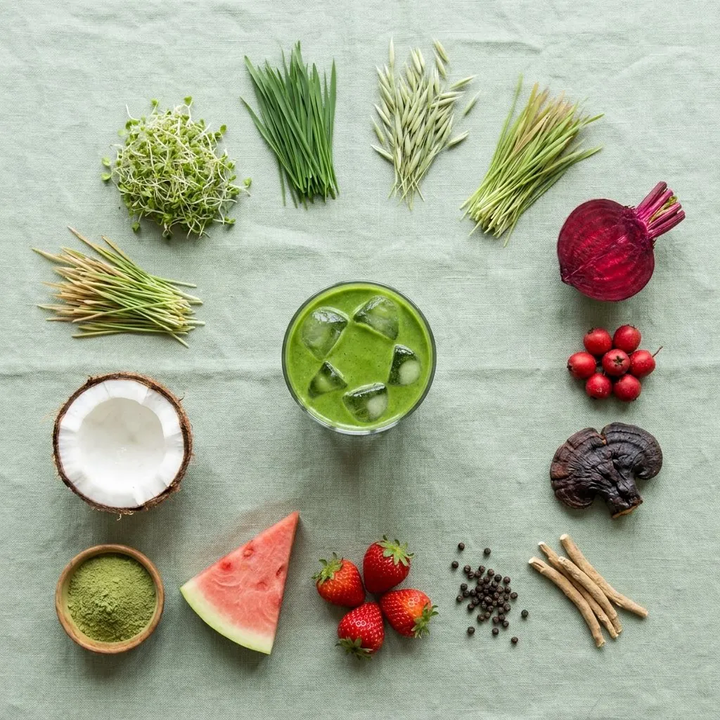 Ingredientes frescos alrededor de un vaso de bebida verde