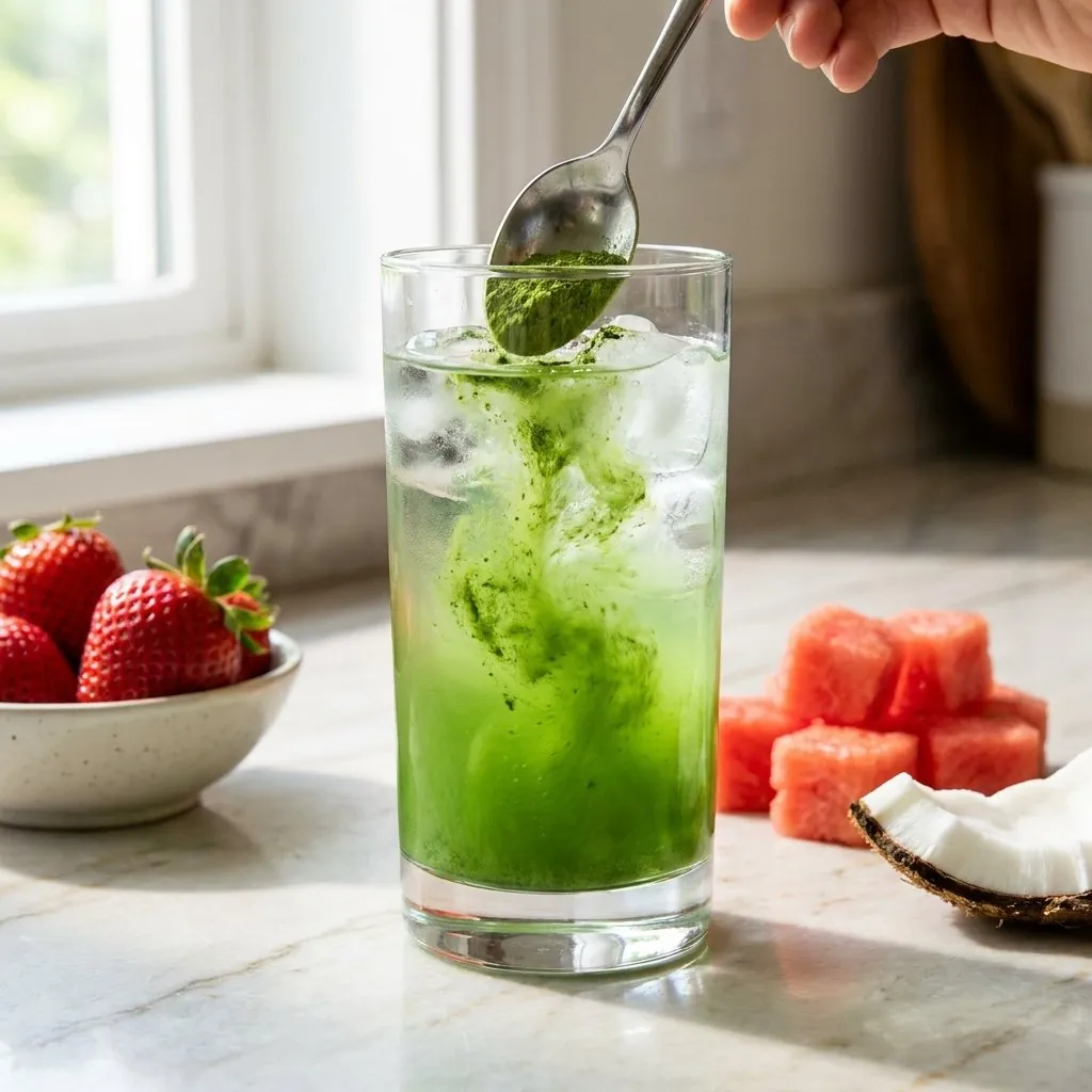Polvo verde mezclándose en un vaso de agua fría