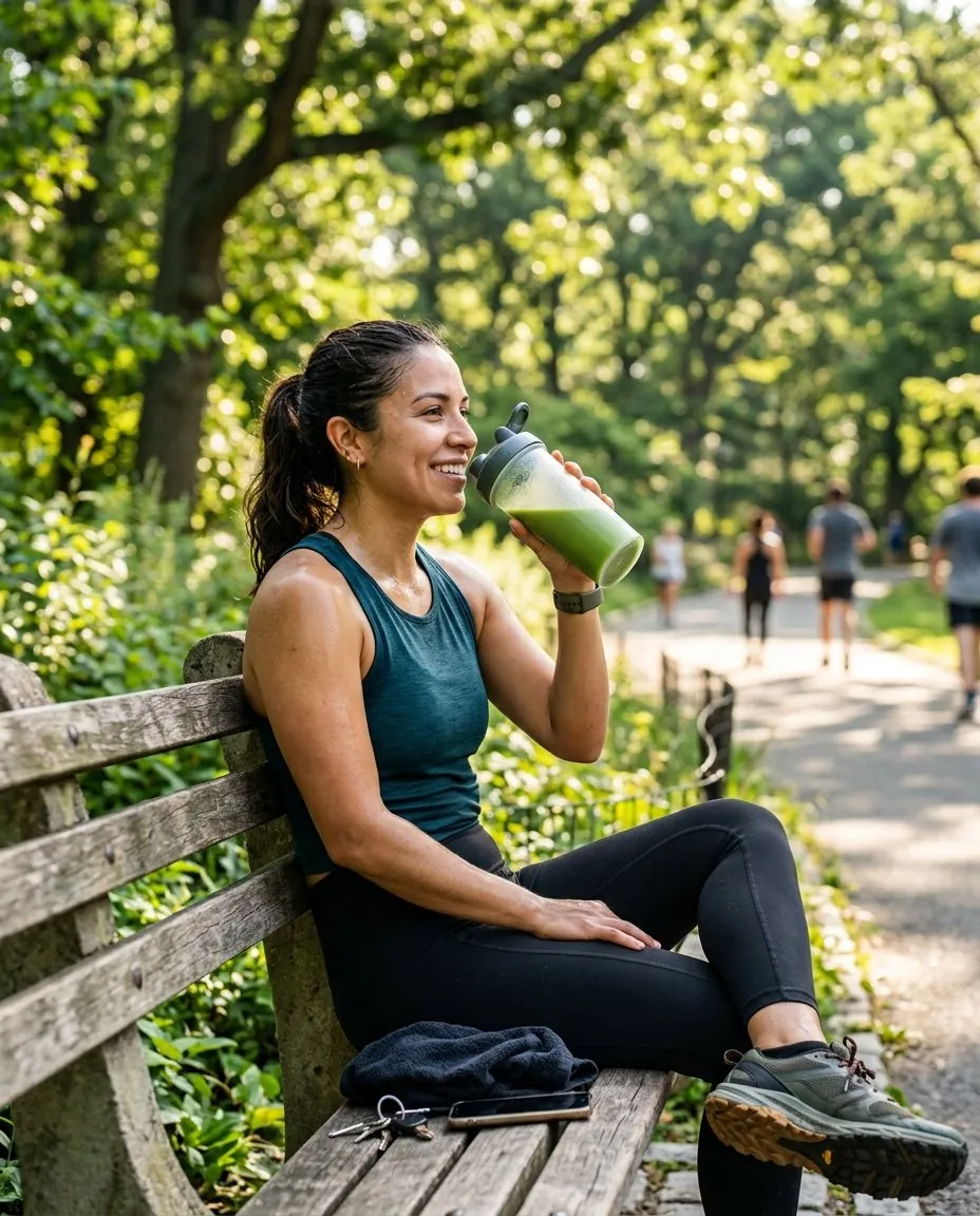Mujer tomando bebida verde después de entrenar