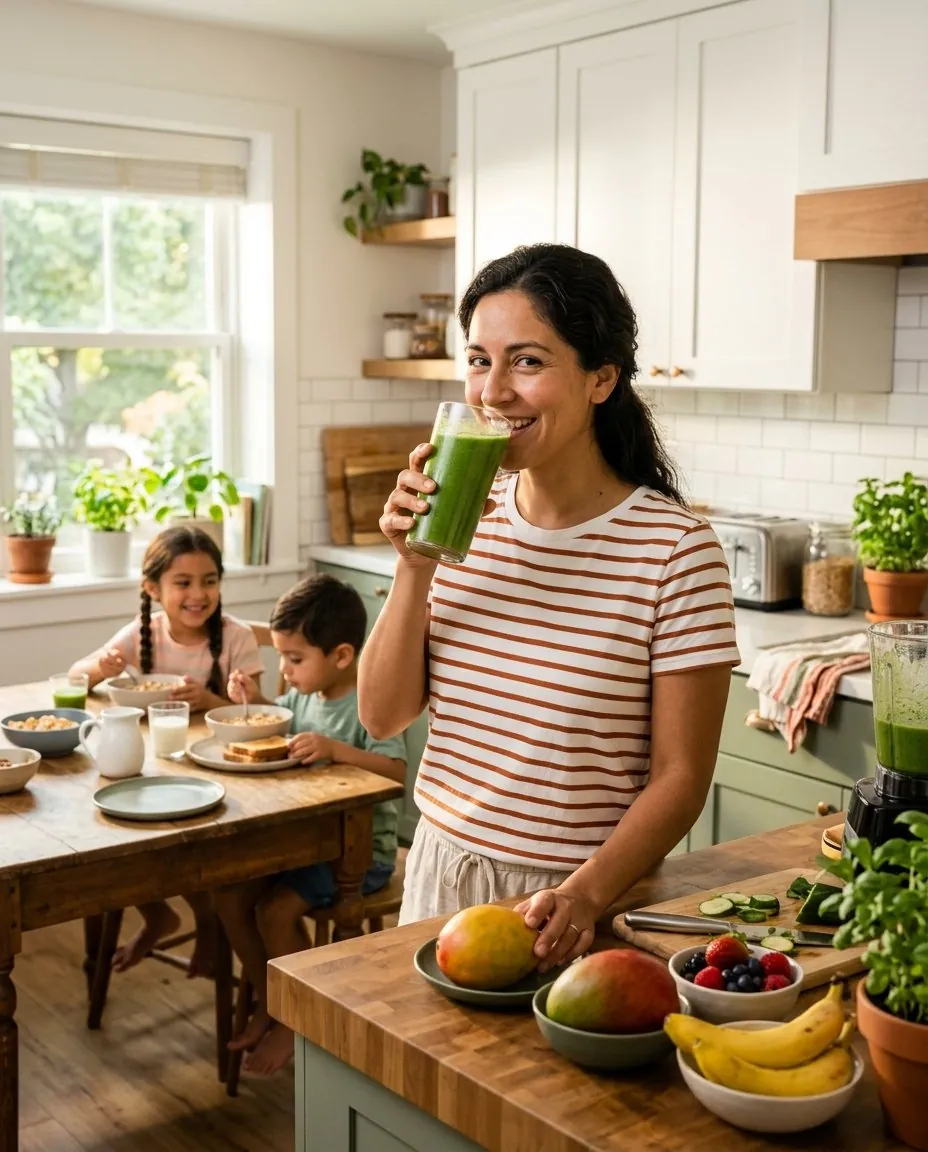 Mamá en la cocina tomando bebida verde