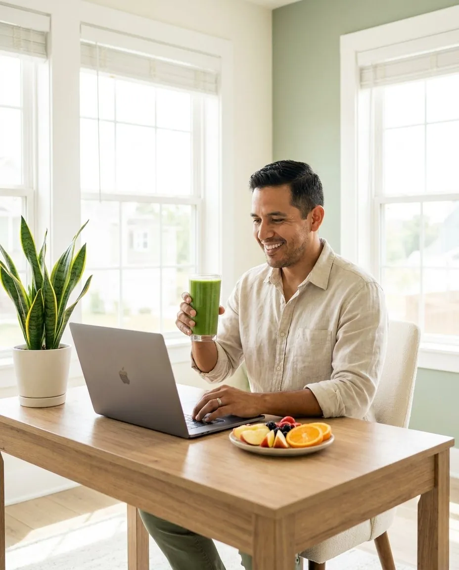 Profesional en su escritorio con un vaso verde